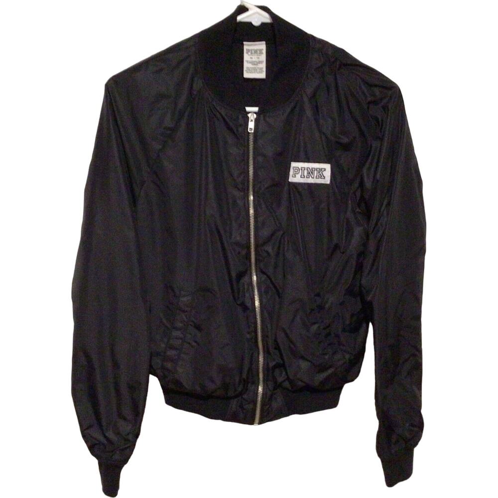 PINK Victoria's Secret Bomber Jacket Black w/ White Graphics Size XS